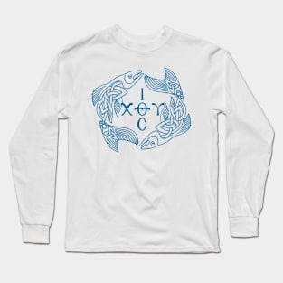 Blue Ichthys - Ιχθυς - Jesus Christ Son of God Saviour Long Sleeve T-Shirt